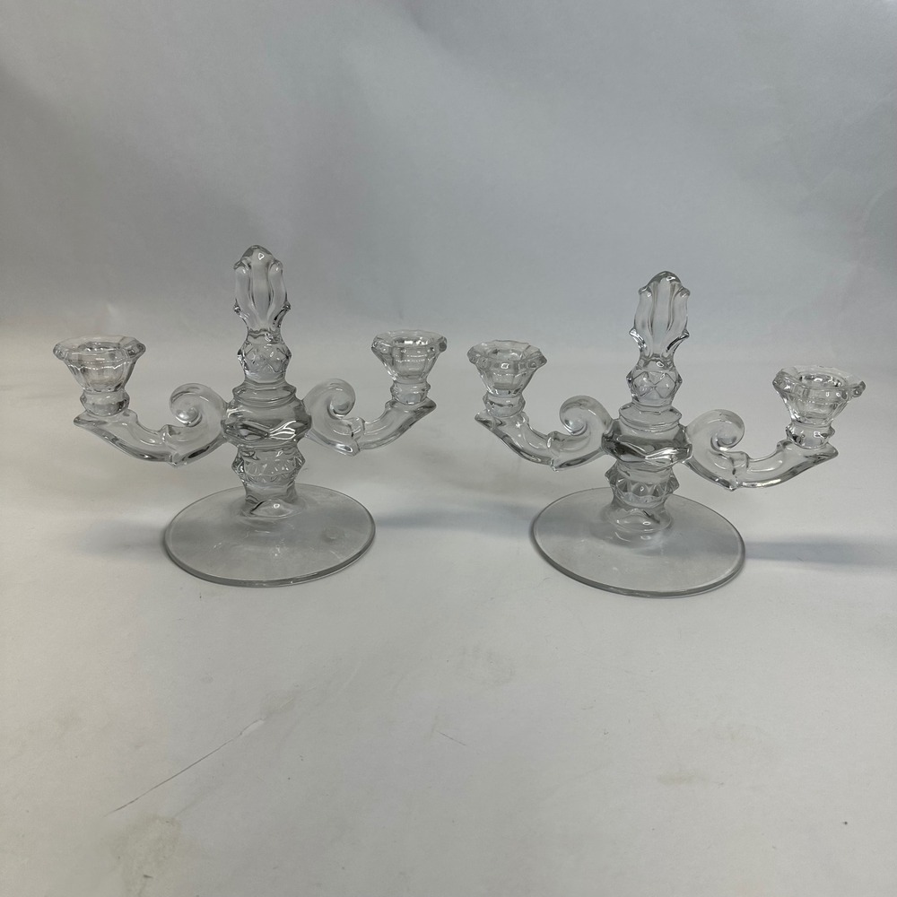 Vintage Clear Pressed Glass‎ Double Arm Candelabra Candle Holder Pair Set of 2